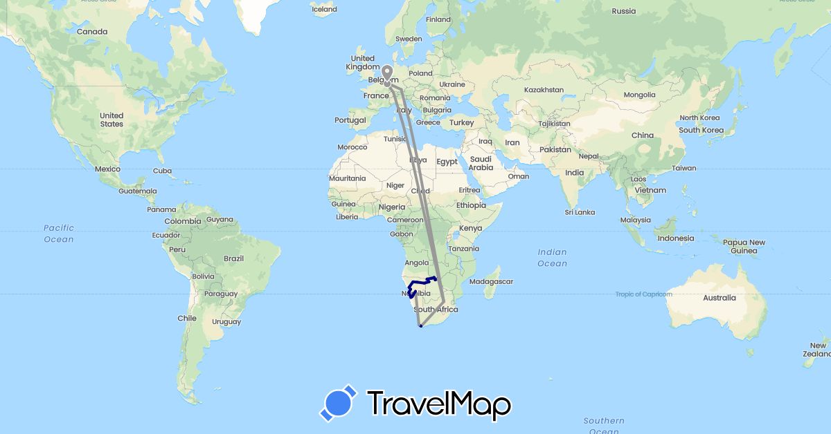 TravelMap itinerary: driving, plane in Botswana, Switzerland, Germany, Luxembourg, Namibia, South Africa, Zimbabwe (Africa, Europe)
